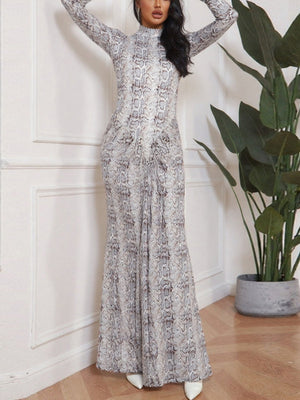 Leopard Print Maxi Dress, Elegant Long Sleeves, Printed Slim Fit, Sexy Round Neck Dress For Women