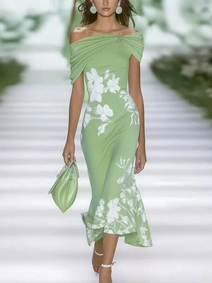 Ruffle Floral Print Sloping Shoulders Short-sleeved Midi Dress