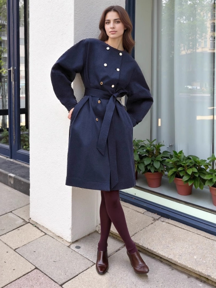 Liber Autumn Women's Button Belt Coat Overcoat Leg of Mutton Sleeve Short Dress