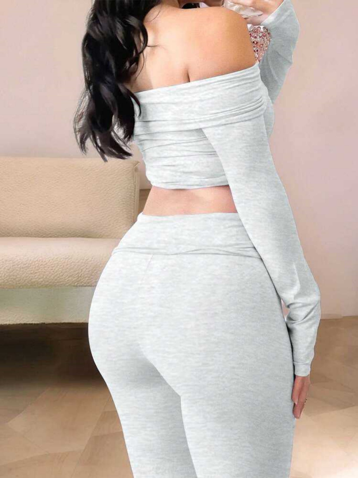 Off-shoulder Navel Exposed Tight Top And Long Pants 2-piece Sets
