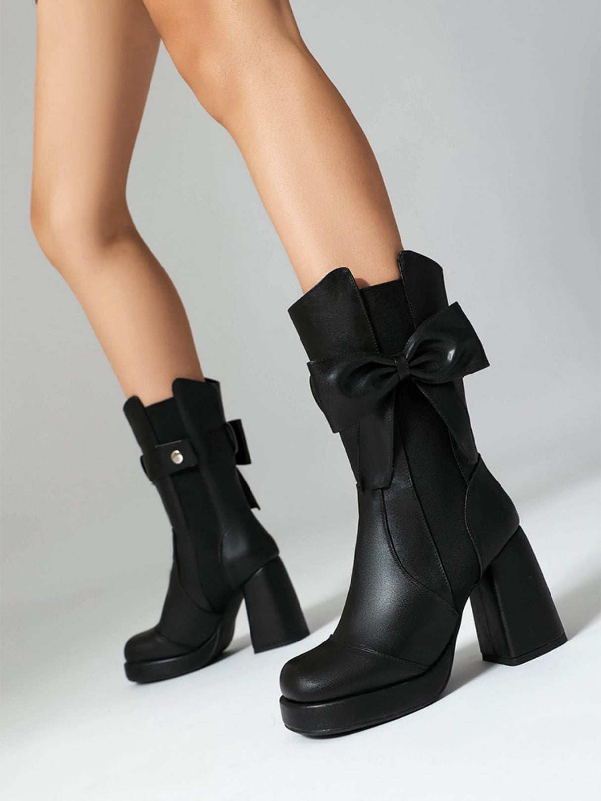 Platform Chunky Heel Bow Buckle Elastic Mid-calf Women's Boots