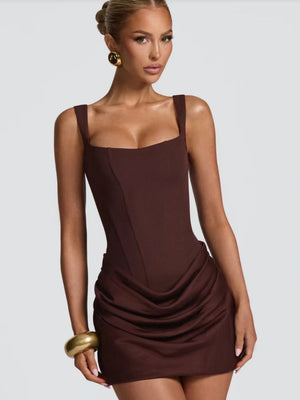 Square Collar High Waist Pleated Parties Cocktail Party Fishbone Decoration Satin Short Dress