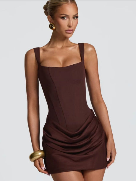 Square Collar High Waist Pleated Parties Cocktail Party Fishbone Decoration Satin Short Dress