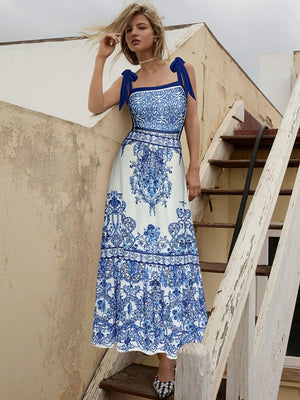 Blue And White Porcelain Print Bow Tie One-piece Swimsuit Sun Protection Long Dress Two-piece Set