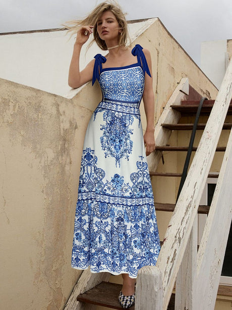Blue And White Porcelain Print Bow Tie One-piece Swimsuit Sun Protection Long Dress Two-piece Set