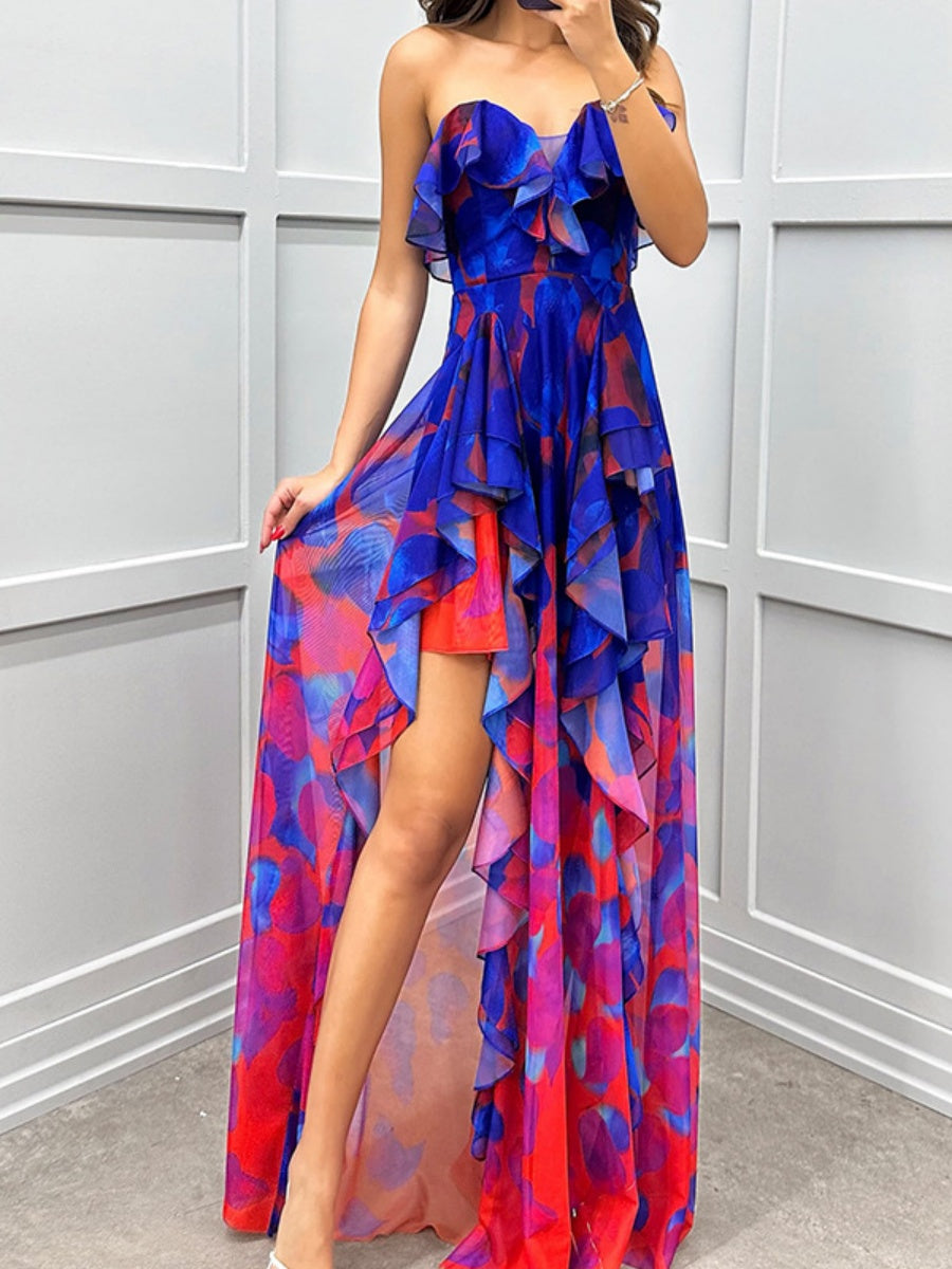 Mesh Printed Slit Ruffle Formal Dress Maxi Dresses