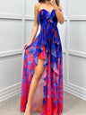 Mesh Printed Slit Ruffle Formal Dress Maxi Dresses