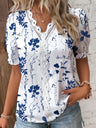 V-neck T-shirt With Lace Trim And Floral Print