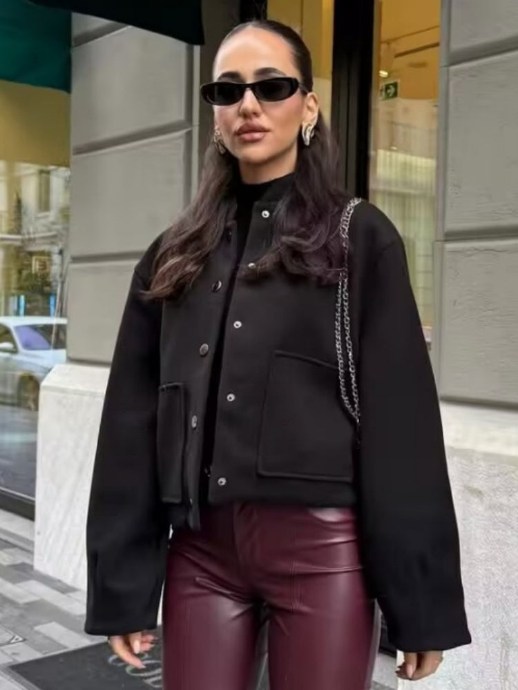 Stand Collar Single-breasted Large Pocket Blazer