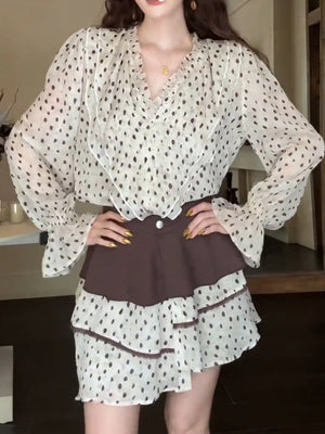 Korean Style Preppy Polka Dot Dress Two-piece Set