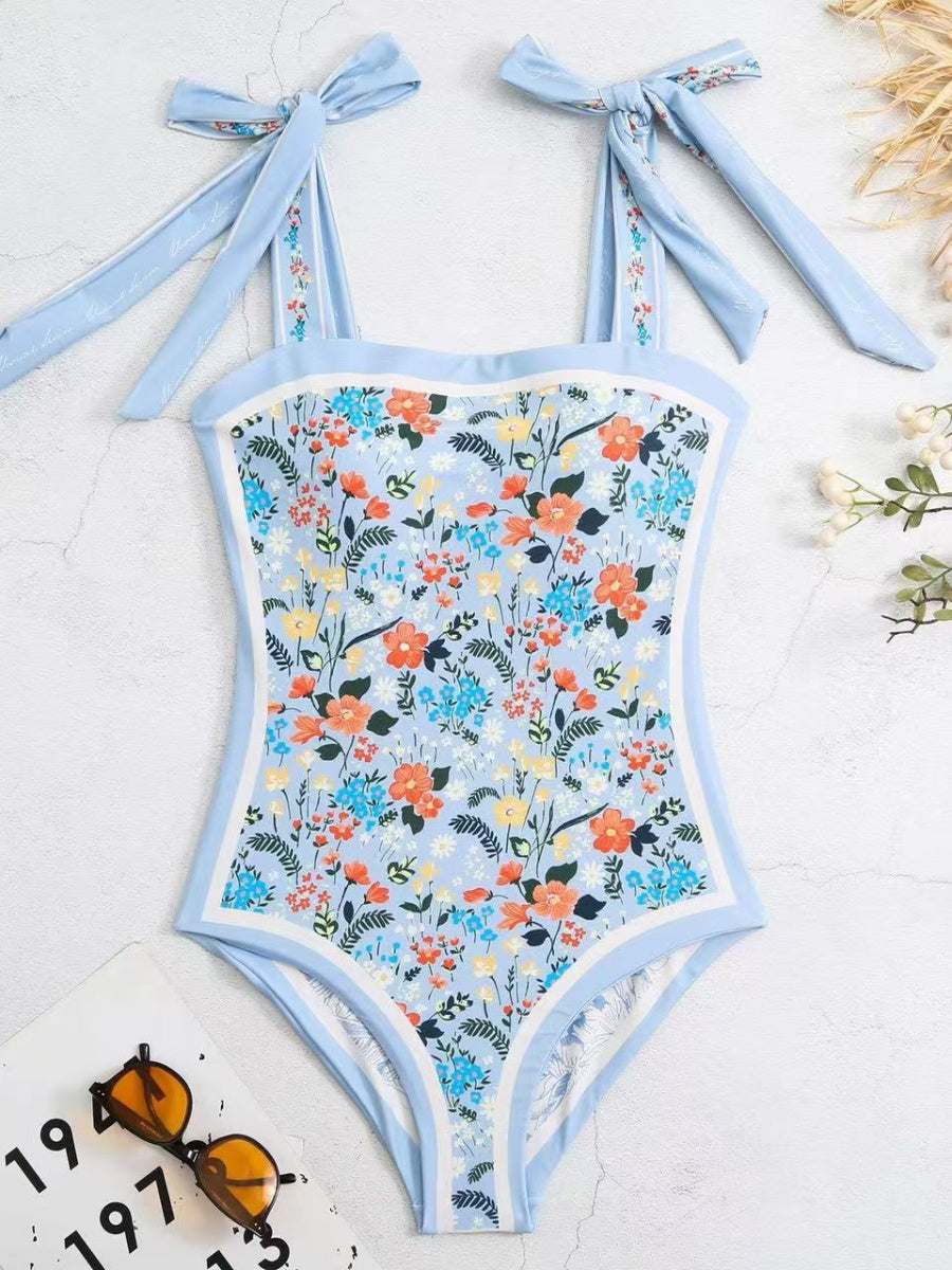 Double-sided Printed Retro-style Fresh Strapless Tie-up Swimsuit