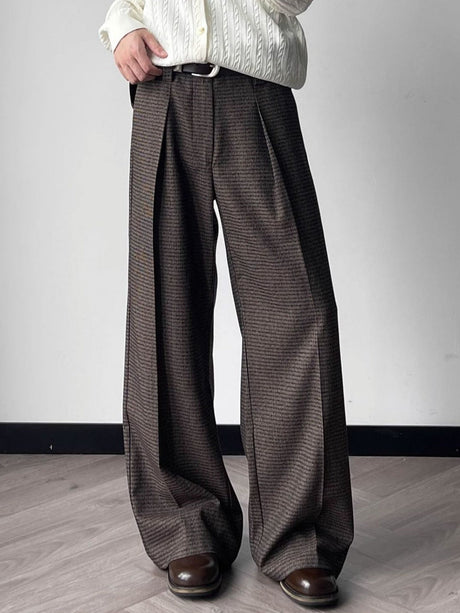 Wool-Blend Houndstooth-Stripe Pleated A-Line Wide-Leg Trousers