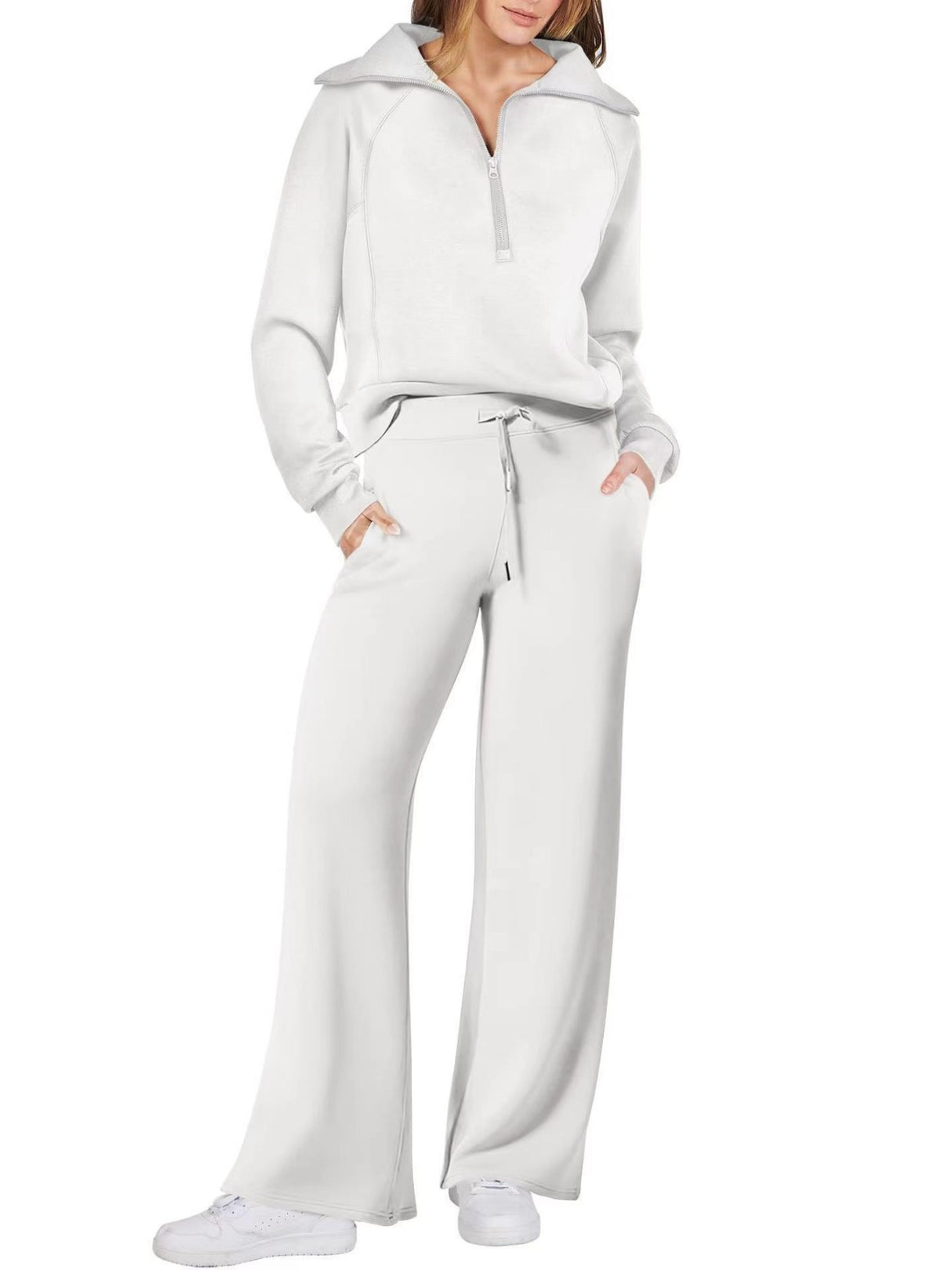 Women's Casual Sportswear Set: Zippered Long-Sleeved Sweatshirt And Wide-Leg Pants Two-Piece Set