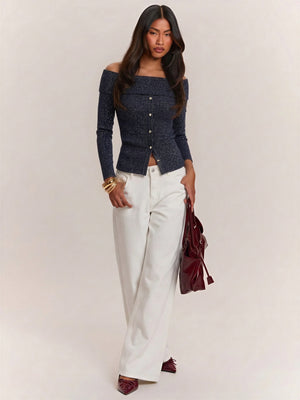 Sequined Off-shoulder Single-breasted Long-sleeved Knit Cardigan With Turned-up Hem