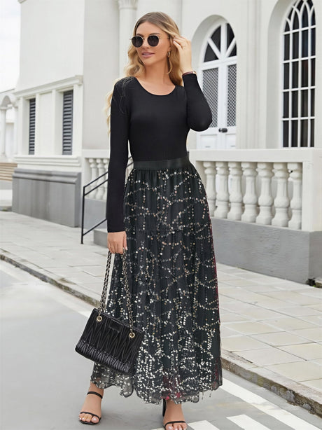 Black Sequined A-line Skirt