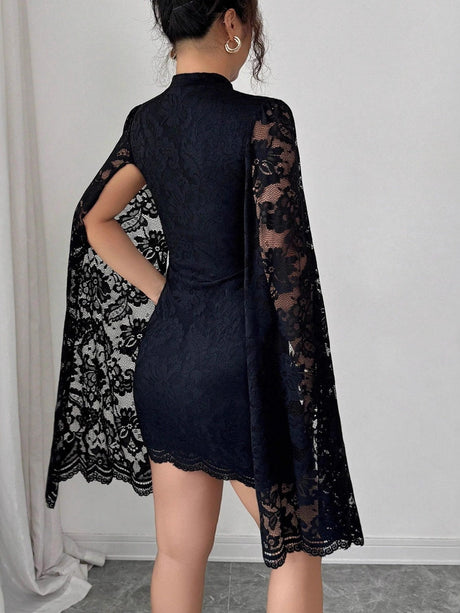 Stand Collar Lace Slit Long Sleeve Dinner Grace Sexy Short Dress