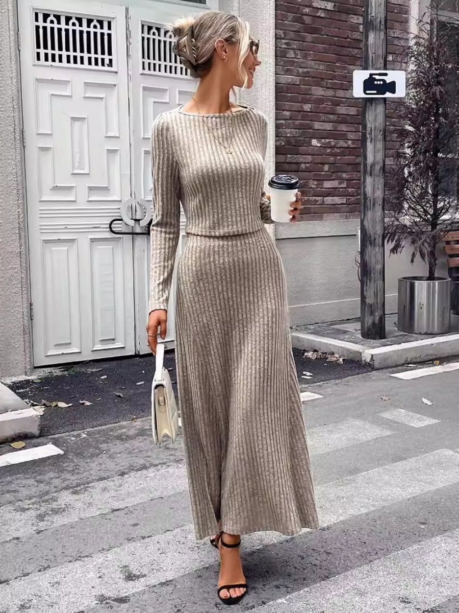 Leisure Small Round Neck Long Sleeves Solid Color A-line Skirt 2-piece Sets