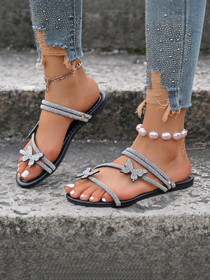 Rhinestone Strappy Butterfly Flat Sandals