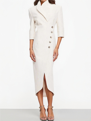 Mid-length Sleeves Slim Fit Suit Trench Coat Slanted Opening Coat Midi Dresses