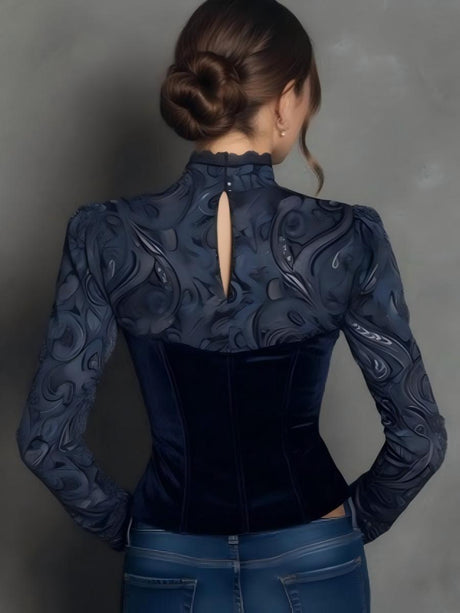 V-neck Lace-trimmed Long-sleeved Velvet Shirt