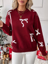 Christmas Bow Jacquard Sweet Red Round Neck Inner Top Long-sleeved Sweater