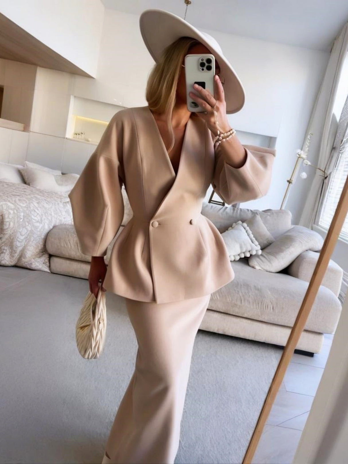 Solid Color Buttons Puff Sleeve Blazers Skirts 2-piece Sets