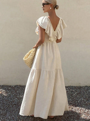 Lace-trimmed Loose-fitting V-neck Apricot Long Dress