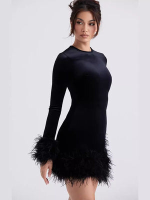 Black Furry Cuffs And Hem Velvet Mini&Short Dresses