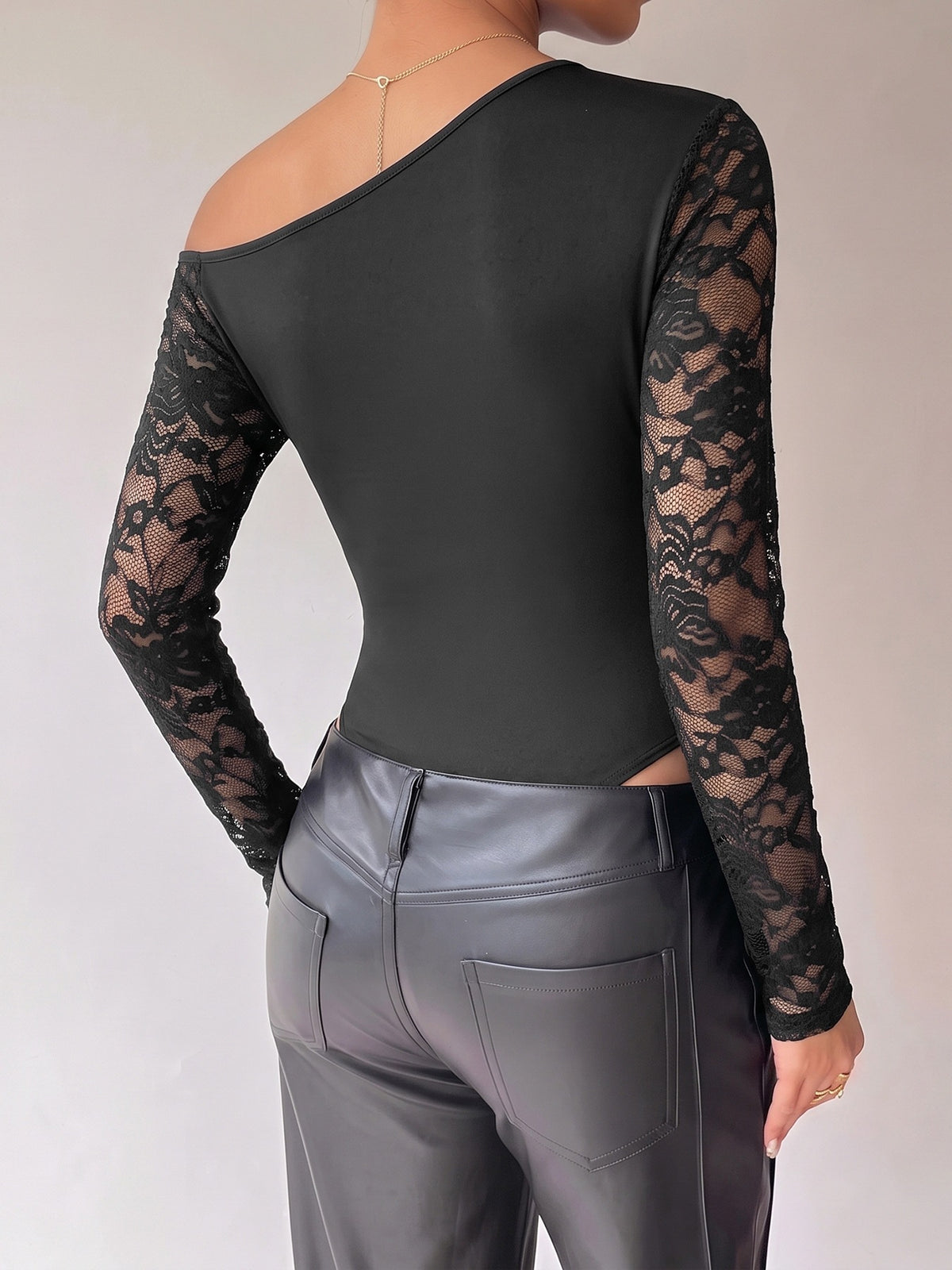 Lace-trimmed Off-shoulder Slim-fit See-through Bodysuit