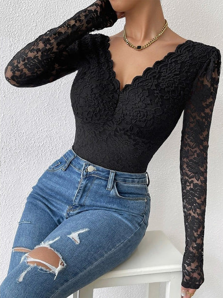 Lace Long Sleeve Perspective Slim Fit Bodysuit
