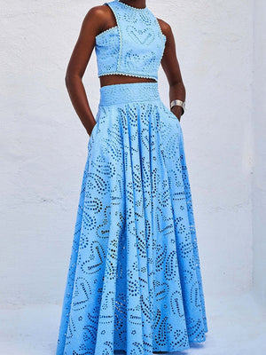 Floral Cutout Sleeveless Top And A-line Skirt Two-piece Vacation Set