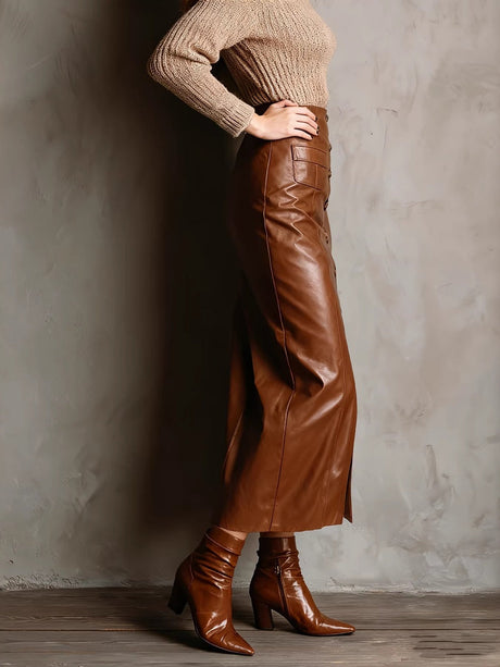PU Leather Slits High Waist Hip-hugging Skirts