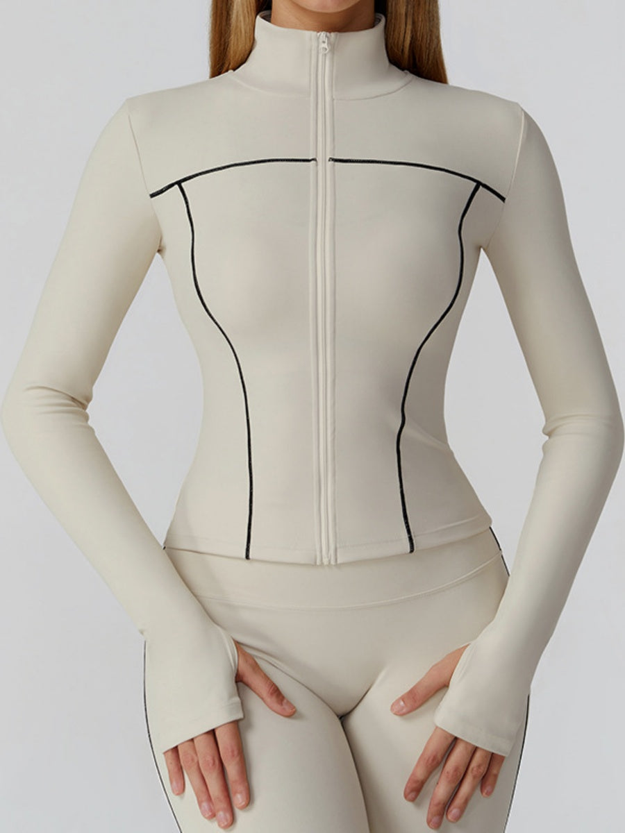 Veste de yoga bicolore en tissu brossé avec fermeture éclair, coupe-vent et ajustée