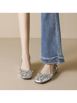 Liber Spring and Autumn Diamond-studded Metallic Women's Flats