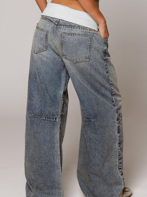 Y2K Color Blocking Threaded Waist Retro Jeans