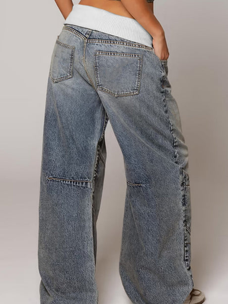 Y2K Color Blocking Threaded Waist Retro Jeans
