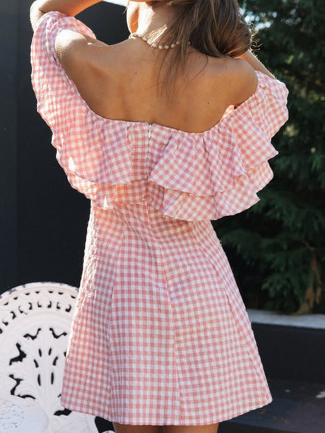 Plaid Off-the-shoulder Ruffled Collar Mini&Short Dresses