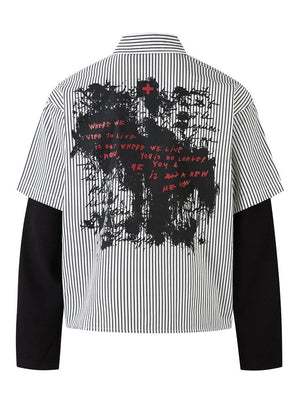 Fake Two Pieces Vertical Stripe Dark Graffiti Ink Prints Paneled Long-sleeved Shirt