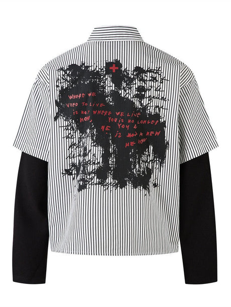 Fake Two Pieces Vertical Stripe Dark Graffiti Ink Prints Paneled Long-sleeved Shirt