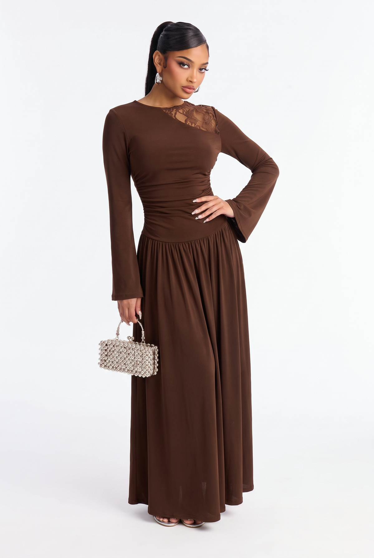Lace-trimmed, Openwork Long-sleeved Dress