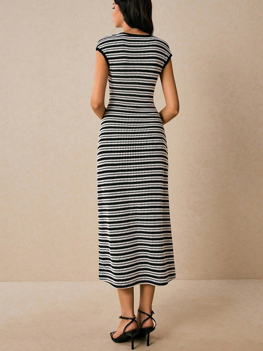 Stripes Knitting Sleeveless Slim Fit Midi Dresses