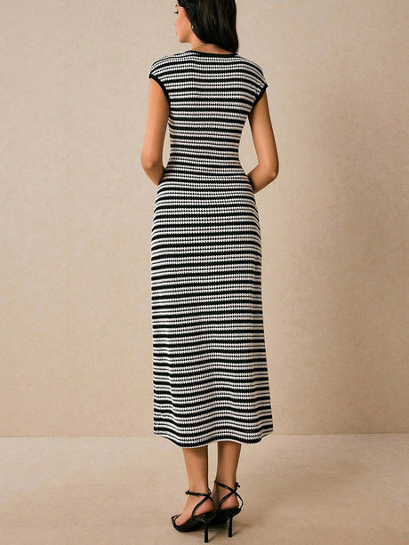 Stripes Knitting Sleeveless Slim Fit Midi Dresses