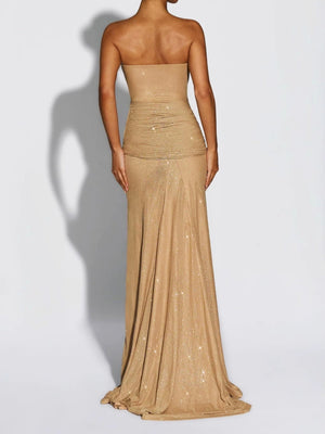 Sequined Strapless Top Perspective Ribbon Waist-cinching Belt Maxi Dresses