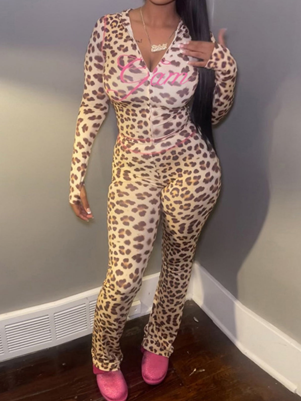 Leopard Print Hooded Cardigan Top High-waisted Skinny Jeans 2-piece Sets