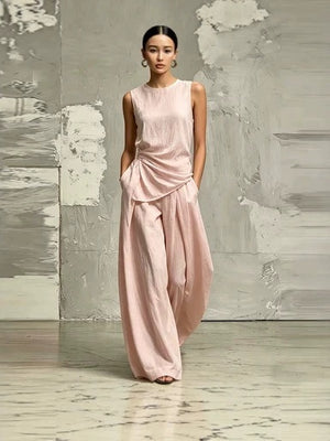 Casual Solid Color Round Neck Loose Sleeveless Top And High-waisted Trousers Two-piece Set