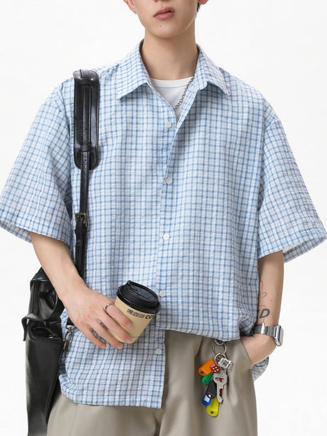 Color-blocked Plaid Boxy Loose-fit Shirts