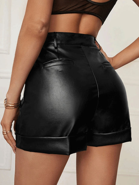 PU Leather High Curls And Pleats At The Hem Sexy Shorts