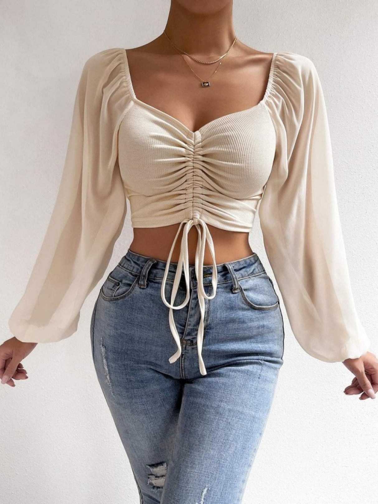 V-neck Spliced Chiffon Drawstring Lantern Sleeves Sweet T-shirts