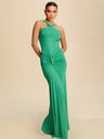 Metal Decoration Cross Shoulder Straps Hip Wrap Pleated Maxi Dresses