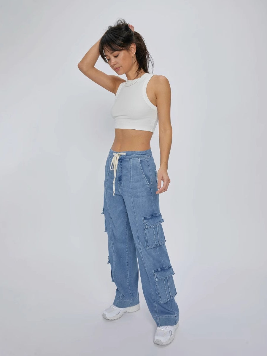 Washing Multiple Pockets Wide Leg Lace Up Jeans